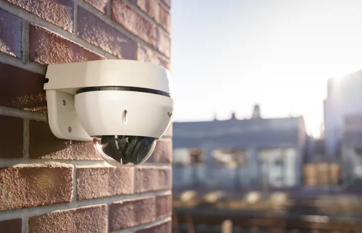 Verkada Outdoor Dome Camera on brick building to capture high resolution footage of the parking lot and exterior of building