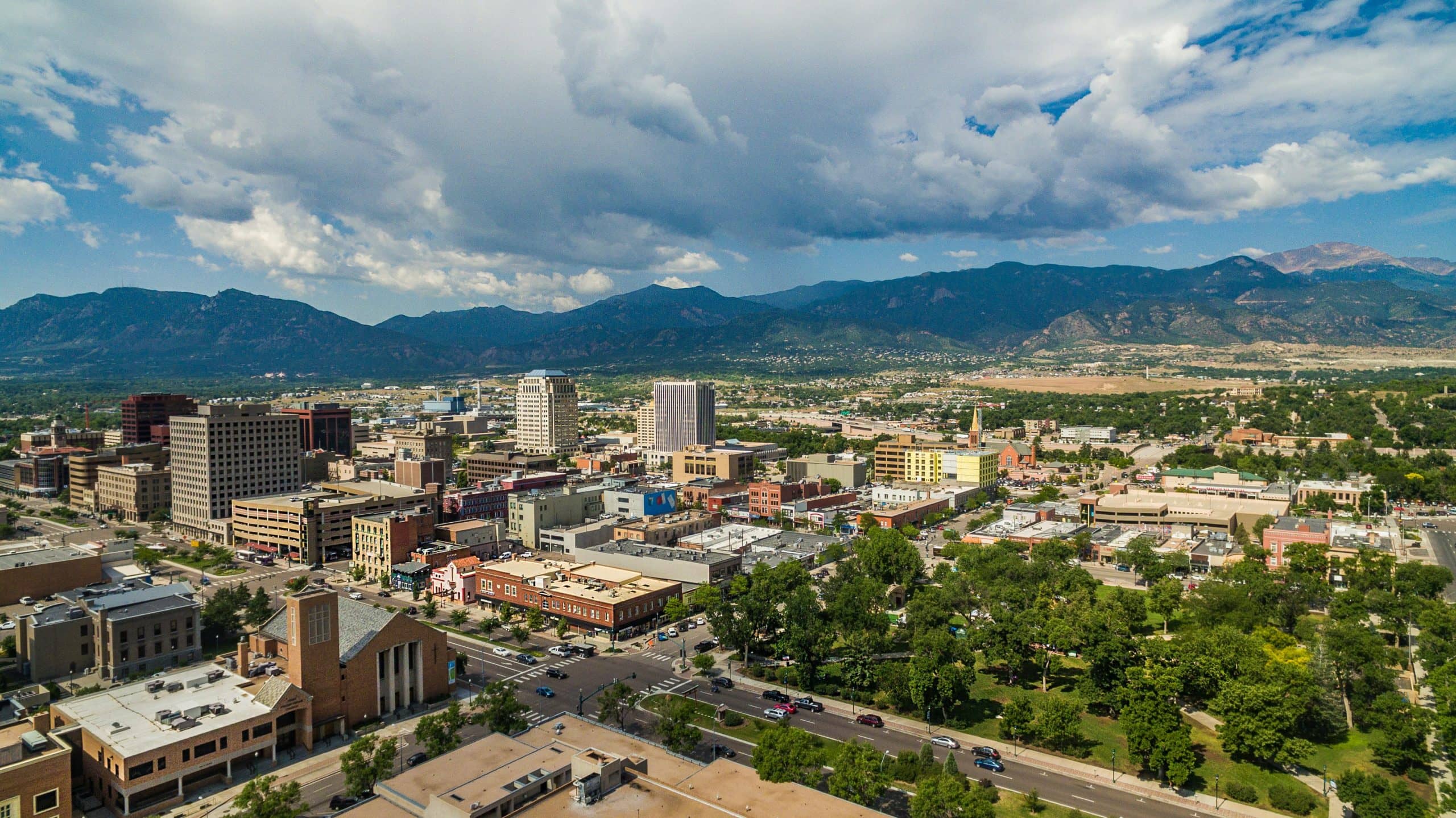 Skyline of Downtown Colorado Springs with enterprises protected by Verkada security cameras
